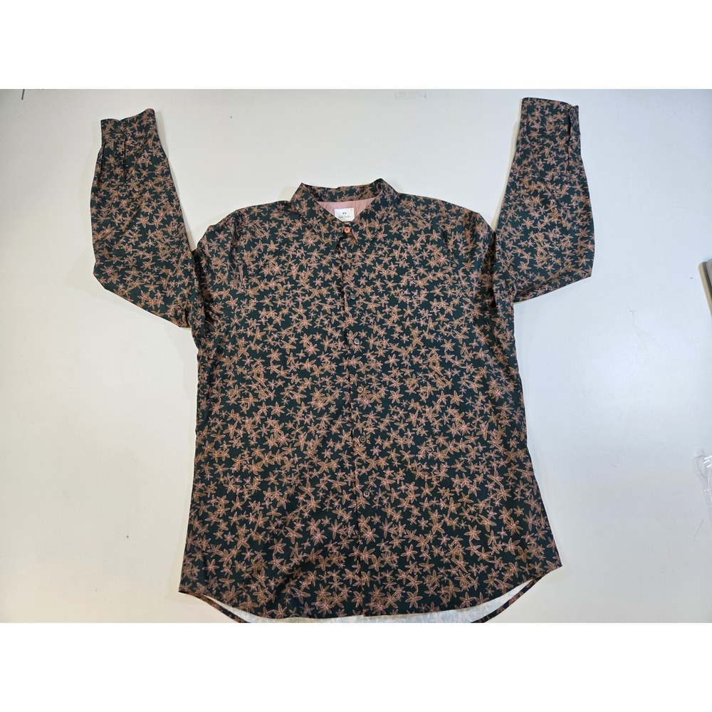 PS Paul Smith Mens XL Tailored Fit Leaf Print Organic Cotton Shirt Green Tan